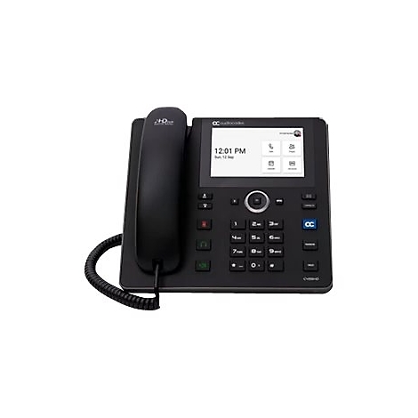 Téléphone de bureau noir avec un grand écran. L'écran affiche l'heure et des icônes d'appel.