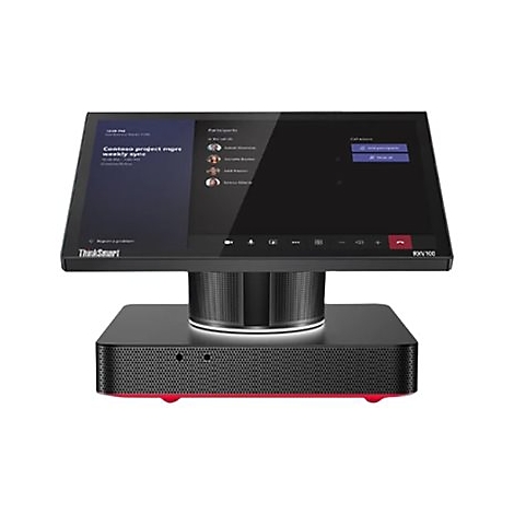 Ein schwarzes ThinkSmart GerÃ¤t mit Touchscreen, auf dem eine Videokonferenz abgebildet ist.
