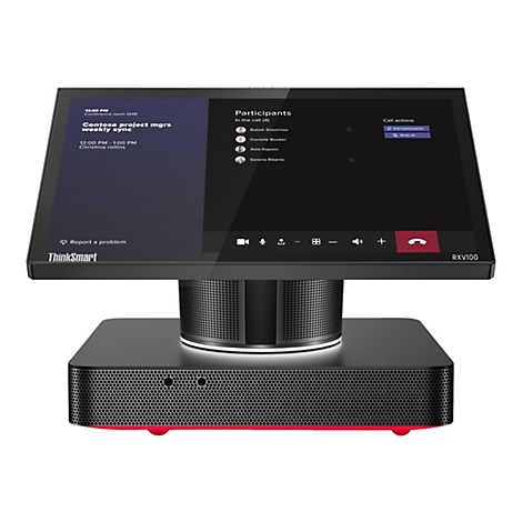 Ein schwarzes ThinkSmart-Konferenzsystem mit einem Bildschirm, der eine Videokonferenz anzeigt, auf einem schwarzen Sockel. Auf dem Bildschirm werden die Teilnehmer und die Tagesordnung für ein Meeting angezeigt.