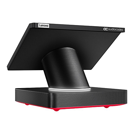 Moniteur noir avec le logo Lenovo, sur un haut-parleur noir avec le dessous rouge. Le moniteur porte l'inscription Audiocodes.