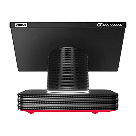 Un moniteur Lenovo noir avec une base de haut-parleur, un fond rouge et le logo AudioCodes.