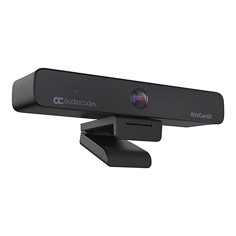 Schwarze Webcam, vorne das Objektiv, darunter Halterung. Auf der Webcam steht Audiocodes und RXVcam50.