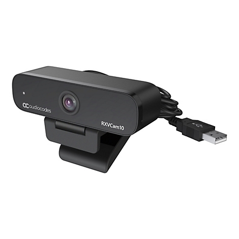 Schwarze Webcam, vorne die Linse, darunter Halterung, verbunden mit USB-Stecker.
