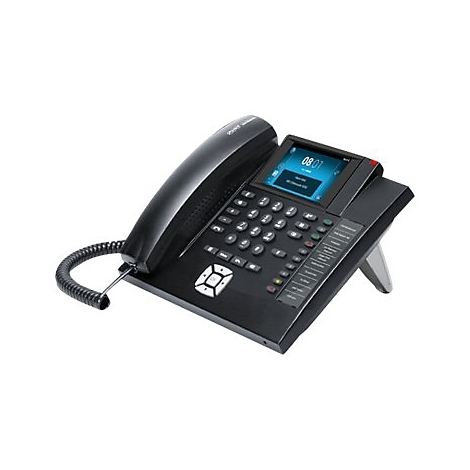 Schwarzes IP-Telefon mit Display, Tastenfeld und Telefonhörer auf hellem Hintergrund.