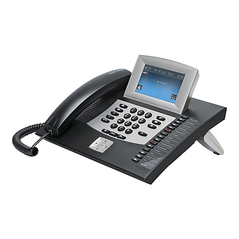Schwarzes Bürotelefon mit Display, Tastenfeld und zahlreichen programmierbaren Kurzwahltasten vor neutralem Hintergrund.