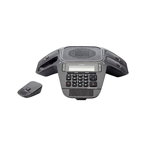 Konferenztelefon in Dunkelgrau mit Tastenfeld, Display und abnehmbarem Mikrofon vor weißem Hintergrund.