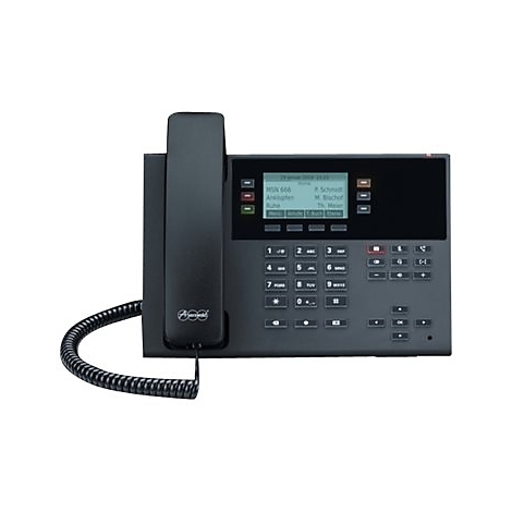Schwarzes AGFEO IP-Tischtelefon mit Display, Ziffernblock und Hörer vor weißem Hintergrund.