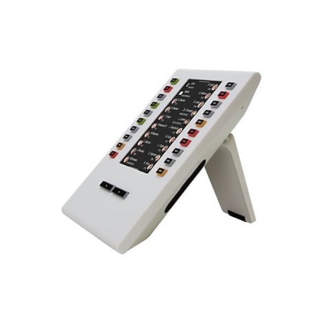 Weißes Tisch-Bedienpanel mit Touchscreen und seitlichen Tastenreihen vor weißem Hintergrund.
