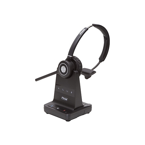Schwarzes Headset auf einer Ladestation mit Logo. Ein Mikrofon ist sichtbar.
