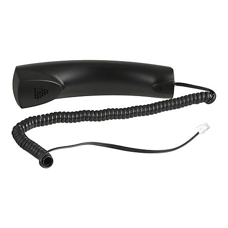 Schwarzer Telefonhörer mit Spiralkabel und Stecker vor weißem Hintergrund.