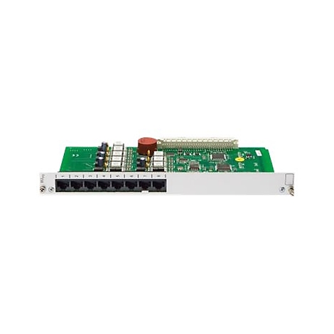 Elektronikplatine mit acht RJ45-Anschlüssen auf einer silbernen Frontplatte vor weißem Hintergrund.