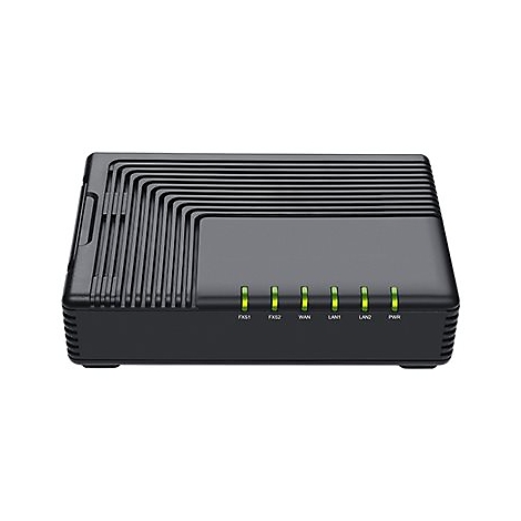 Schwarzer Netzwerk-Router mit geripptem Gehäuse und sechs leuchtend grünen Status-LEDs auf der Vorderseite.
