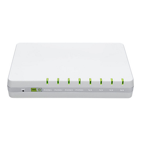 Weißes VoIP-Gateway mit acht grün leuchtenden Status-LEDs und Beschriftungen für Telefonanschlüsse.