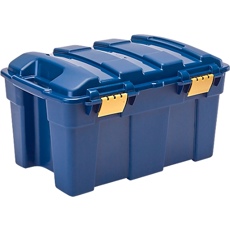 Blaue Kunststoffbox mit gelben Verschlüssen. Deckel mit Rippenstruktur und Griff. Perfekt für Lagerung und Transport.