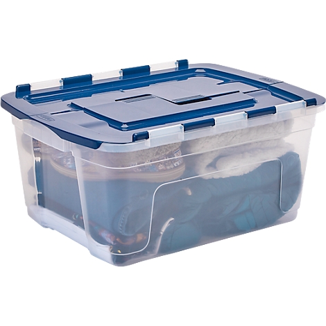 Transparente Kunststoffbox mit blauem Deckel und Kleidung darin.