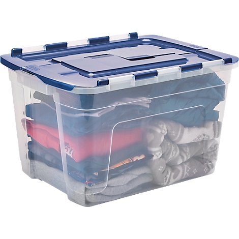 Transparente Aufbewahrungsbox mit blauem Deckel, gefüllt mit gefalteten Kleidungsstücken.