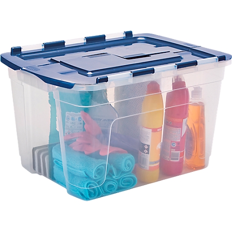 Transparente Aufbewahrungsbox mit blauem Deckel, gefüllt mit Reinigungsmitteln, Tüchern und Handschuhen.