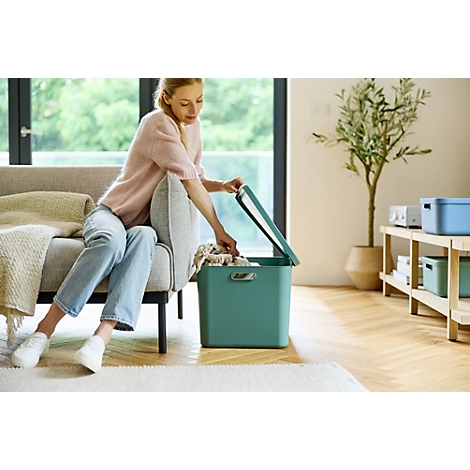 Türkisfarbene Aufbewahrungsbox steht neben Sofa, Holztisch und grosser Fensterfront.