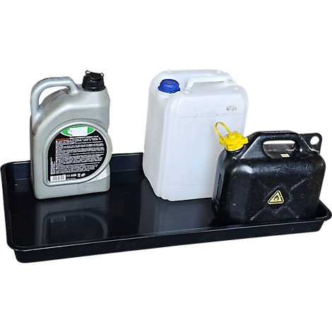 Schwarze Auffangwanne mit drei Behältern: Grau, weiß, schwarz. Alle stehen in der Wanne.