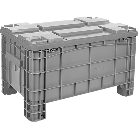 Graue Kunststoffbox mit Deckel und Beinen. Aufschrift ALPHA.
