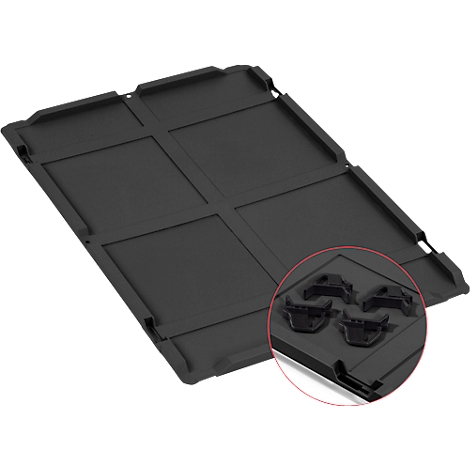 Schwarze Kunststoffplatte mit quadratischer Unterteilung und Detailansicht der Eckverbinder.