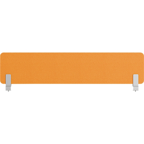Orangefarbene Schreibtischabtrennung mit zwei silbernen Füßen.