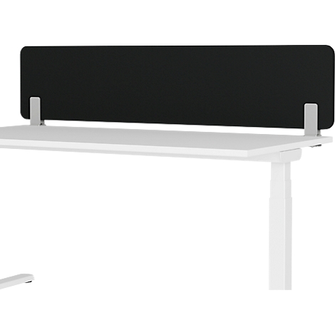 Ein weißer Schreibtisch mit schwarzem Sichtschutz. Blick aus der Froschperspektive, die das Design des Schreibtischs hervorhebt.