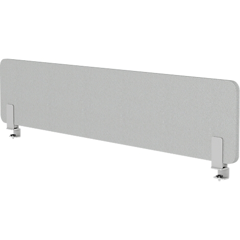 Graue Schreibtisch-Trennwand mit zwei Halterungen. Abgerundete Ecken, graue Oberfläche, und weiße Halter.