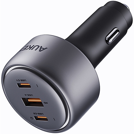 Chargeur de voiture USB noir avec trois ports.