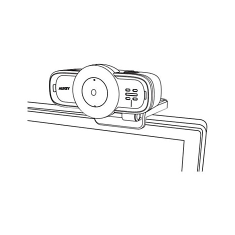 Schwarz-weiße Strichzeichnung einer Aukey Webcam, montiert auf dem oberen Rahmen eines Computerbildschirms.