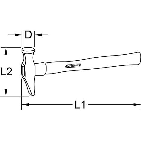 Hammer mit Holzstiel, Seitenansicht. Beschriftung mit Maßangaben und dem Logo 'KS TOOLS'.