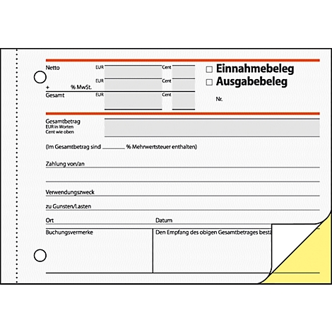 Ein weißes Formular mit Feldern für Nettobetrag, Mehrwertsteuer und Gesamtbetrag. Es gibt Optionen für Einnahme- und Ausgabeb Belege.