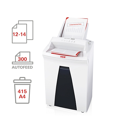 Weißer Aktenvernichter mit Papier und „Vertraulich“-Aufdruck. Grafiken zeigen 12-14 Blatt, 300 Autofeed, und 415 A4.