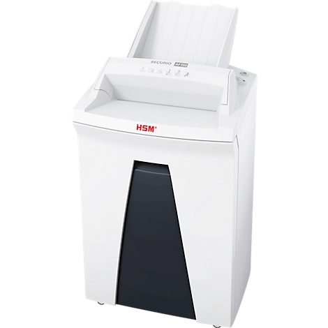 White paper shredder, dark grey door, paper feed tray, red HSM logo. "SECURE" lettering.