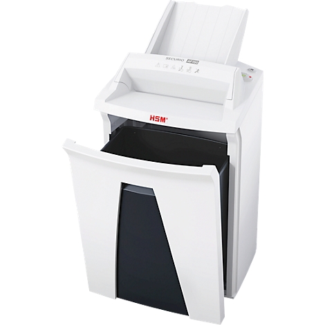 White paper shredder with open black container. The shredder has the red lettering "HSM".