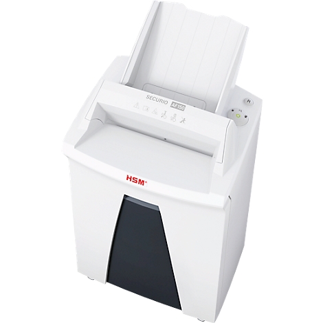 White paper shredder, brand HSM, with control panel and paper feed.