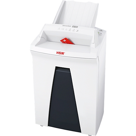 White paper shredder with red credit card. The brand is HSM. Control panel with symbols.