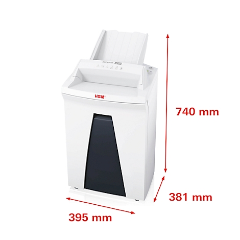 White shredder with dimensions. Paper feed at the top, dark door below. Dimensions: 740 mm high, 395 mm wide, 381 mm deep.