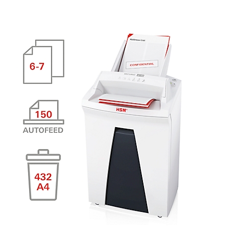 White paper shredder with red details. Infographic shows 6-7 sheets, 150 sheet autofeed, 432 A4 sheet capacity.