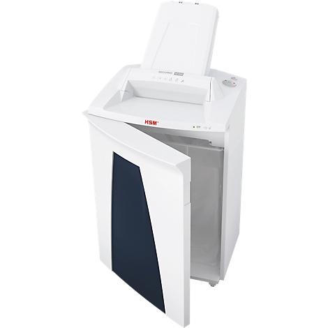 White paper shredder with open door and blue insert, the HSM logo is visible.
