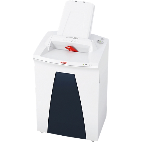 White paper shredder with black accent, shredding a red card. 'HSM' in red is at the top.