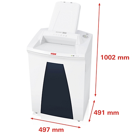 White shredder with blue insert, HSM logo, dimensions provided.
