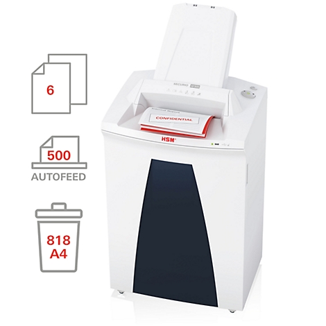 White paper shredder with open flap. Documents labeled "CONFIDENTIAL" are being shredded. Graphics with info next to it.