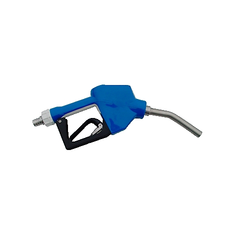 Blue fuel pump with black handle and metal spout, is at a right angle.