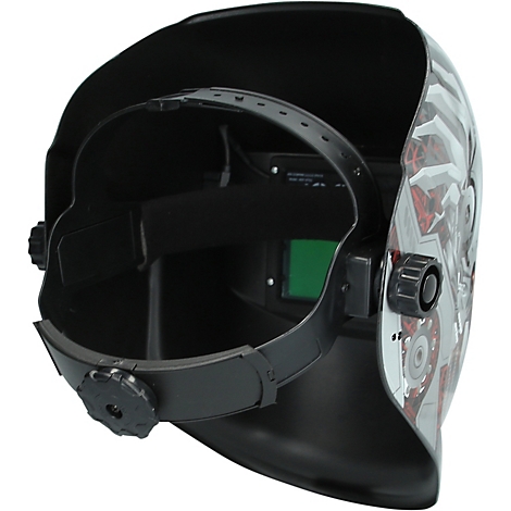 Schweißhelm, schwarz mit Muster und grünem Sichtfenster. Verstellbares Kopfband, Knöpfe für Einstellung.