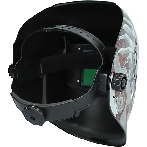 Schwarzer Schweißhelm mit Stirnband und grünem Filter. Auf der Seite sind rote und weiße Muster.