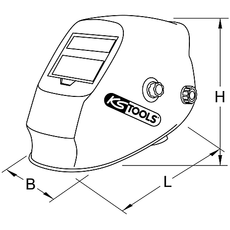 Schwarz-weiß gezeichneter Schweißhelm mit KS TOOLS Logo und Maßangaben.
