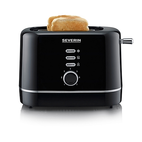 Zwarte broodrooster met twee sneetjes toast. Het merk "SEVERIN" is zichtbaar. Symbolen en een bruiningsgradenregeling staan op het bedieningspaneel.