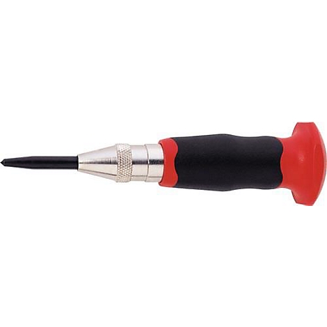 Een rode en zwarte automatische centerpons. De tool heeft een zwarte punt, een zilverkleurig middendeel en een rode handgreep.
