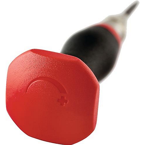 Rode gereedschapshandgreep met zwarte schacht. Op de handgreep een plussymbool en een halve cirkel.